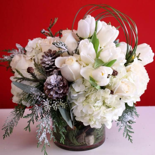 Christmas in White White Roses Flower Arrangement Romanian Flower Shop