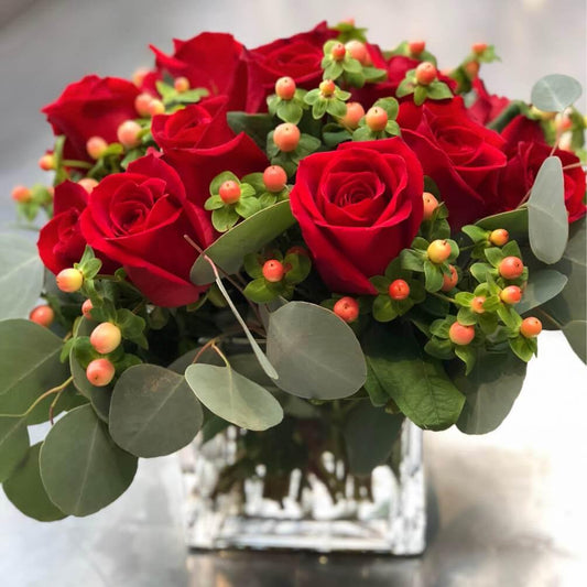 Lady in Red Roses Flower Arrangement Romanian Flower Shop