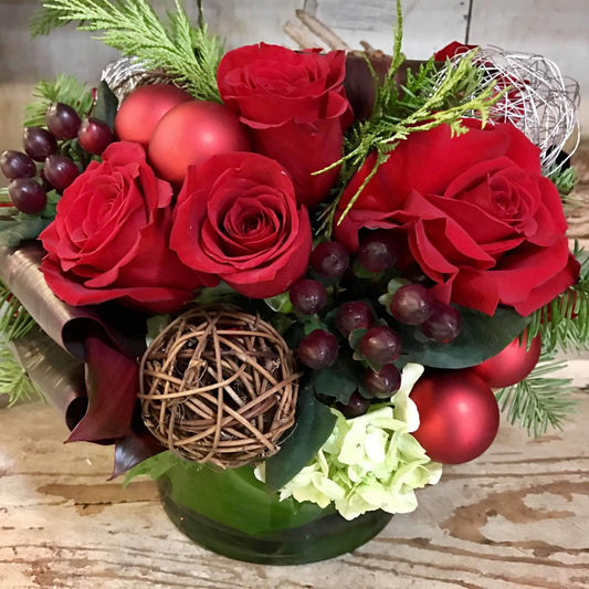 Holly Christmas Red Roses Flower Arrangement Romanian Flower Shop